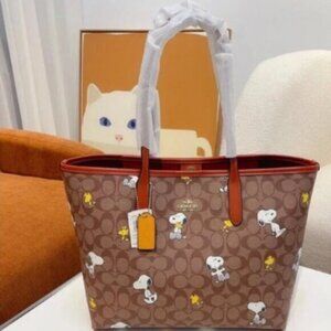 Coach X Peanuts City Tote In Signature Canvas With Snoopy Woodstock Print